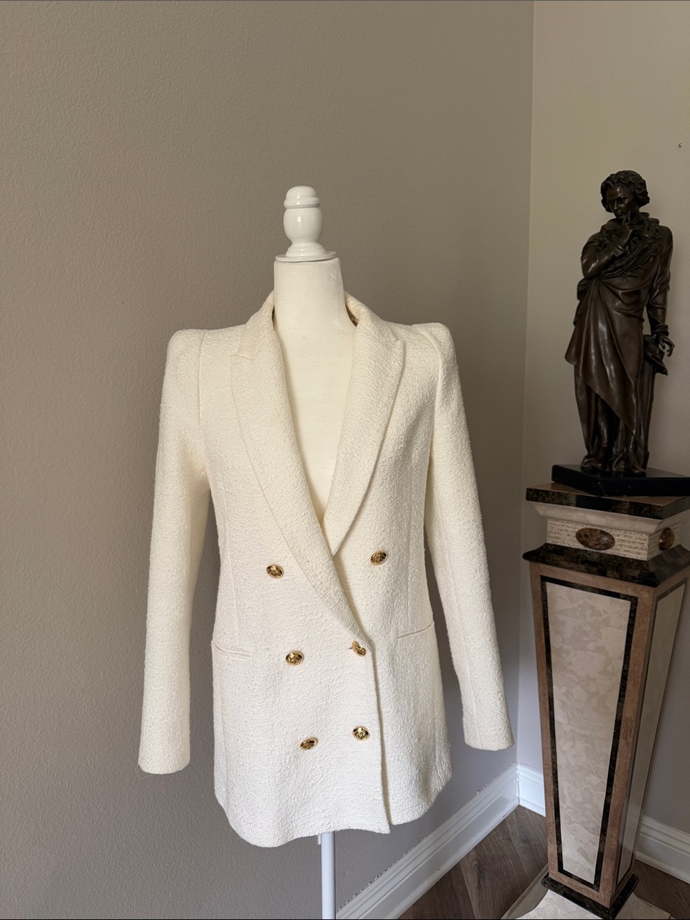 Zara Cream Double-Breasted Bouclé Blazer with Gold Buttons
